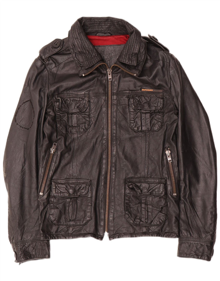 Giacca in pelle militare da uomo Superdry UK 36 piccola in pelle nera