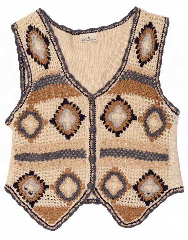 Gilet vintage da donna all'uncinetto UK 10 piccolo ramie geometrico bianco sporco