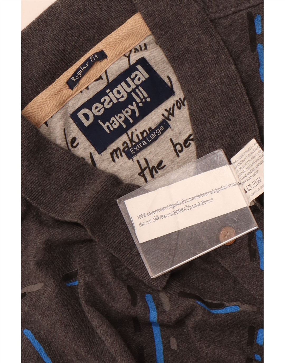 Desigual Polo da uomo a maniche lunghe Regular XL in cotone grigio a quadri