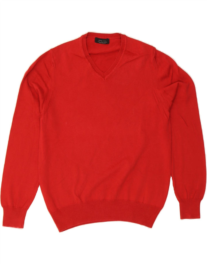 ZARA Mens V-Neck Jumper Sweater Medium Red Vintage Zara and Second-Hand Zara from Messina Hembry 