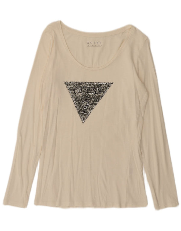 Guess Top grafico da donna a maniche lunghe UK 12 medio bianco sporco