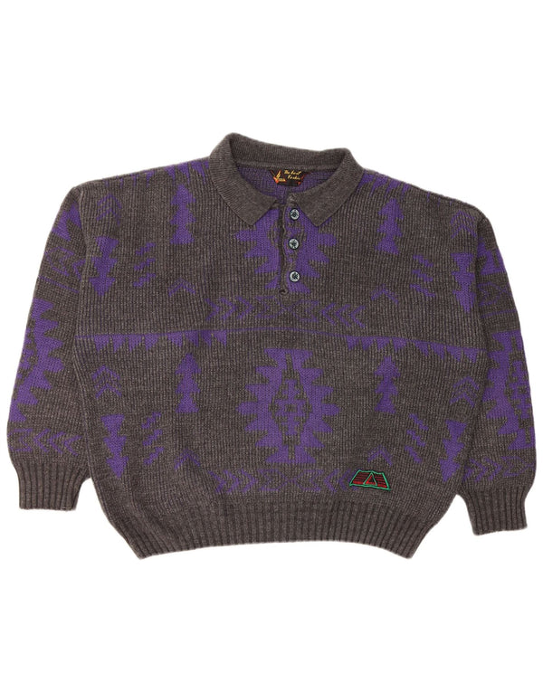 Maglione vintage da uomo con collo a polo XL grigio geometrico