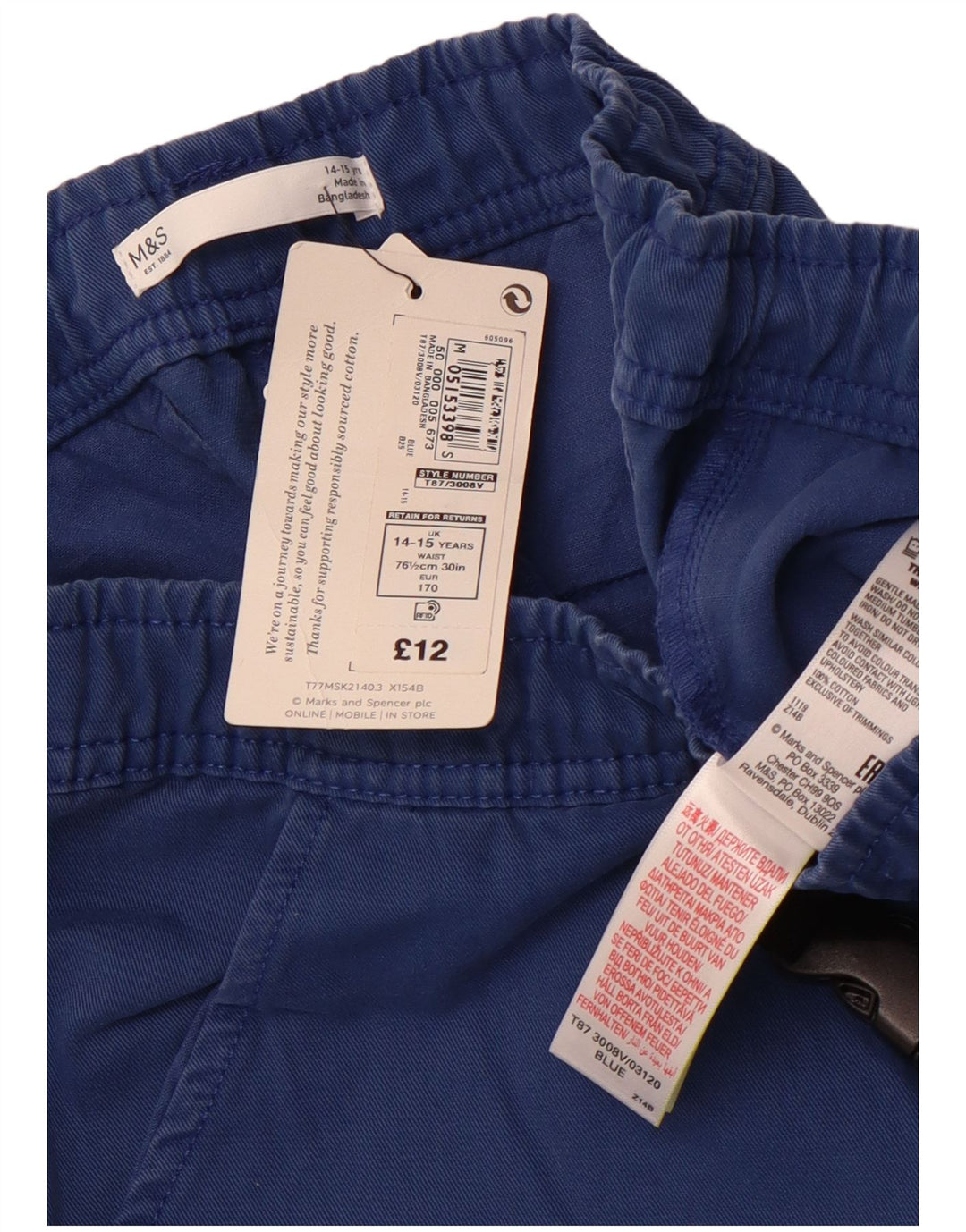MARKS & SPENCER Pantaloncini cargo da ragazzo 14-15 anni W28 Cotone blu