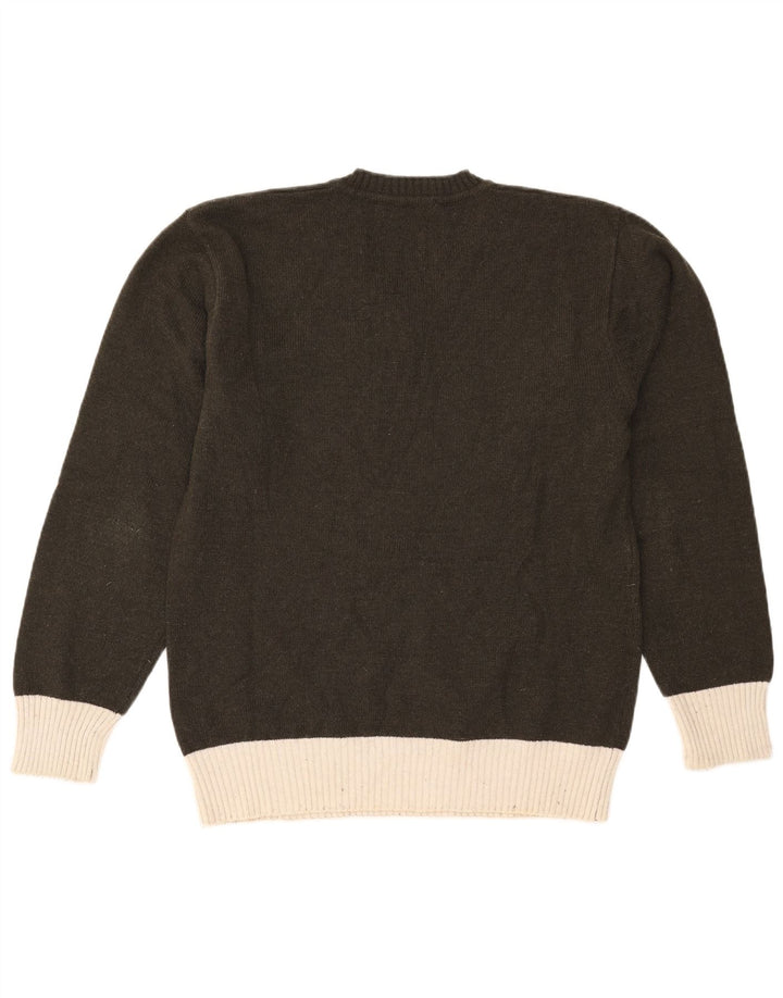 Maglione vintage da uomo con scollo a V grande lana kaki a rombi/diamante