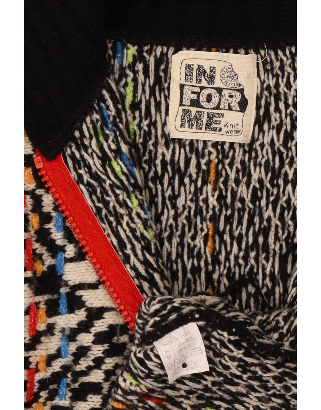 Maglione cardigan con zip intera con motivo astratto da donna vintage UK 16 grande nero
