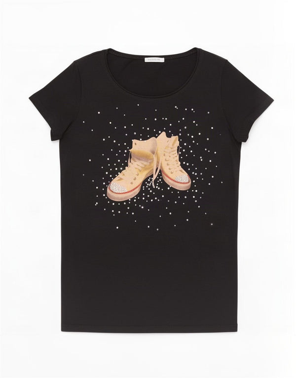 Marella Womens Graphic T-Shirt Top UK 12 Medium Black Cotton