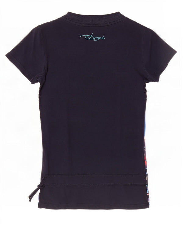 Desigual T-shirt grafica da donna Top UK 12 Medium Navy Blue Paisley Cotton