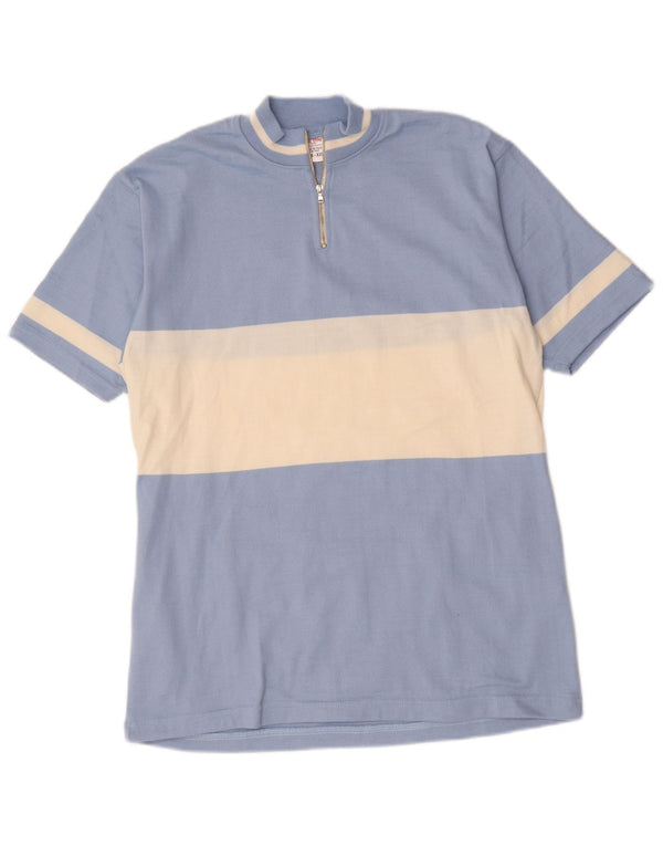 T-shirt vintage da uomo con zip e collo 2XL in lana color block blu