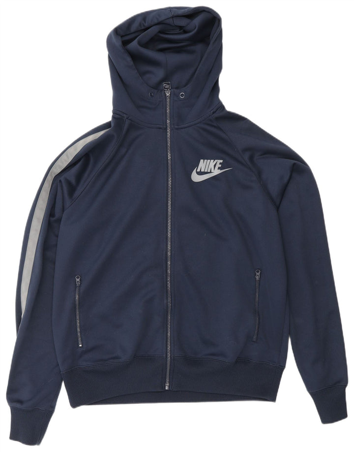 NIKE Mens Zip Hoodie Sweater Large Navy Blue Colourblock Polyester