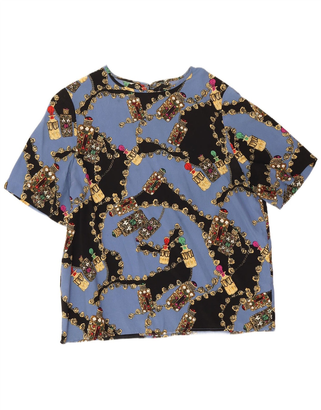 Top camicetta grafica da donna vintage UK 14 grande floreale blu