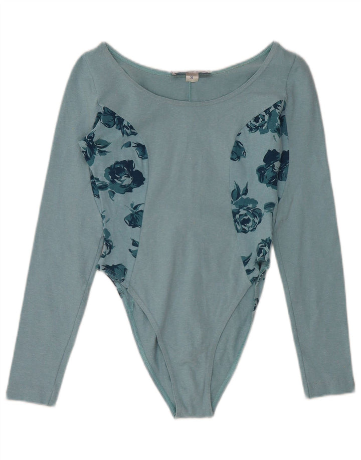 VINTAGE Womens Long Sleeve Bodysuit UK 8 Small Blue Floral