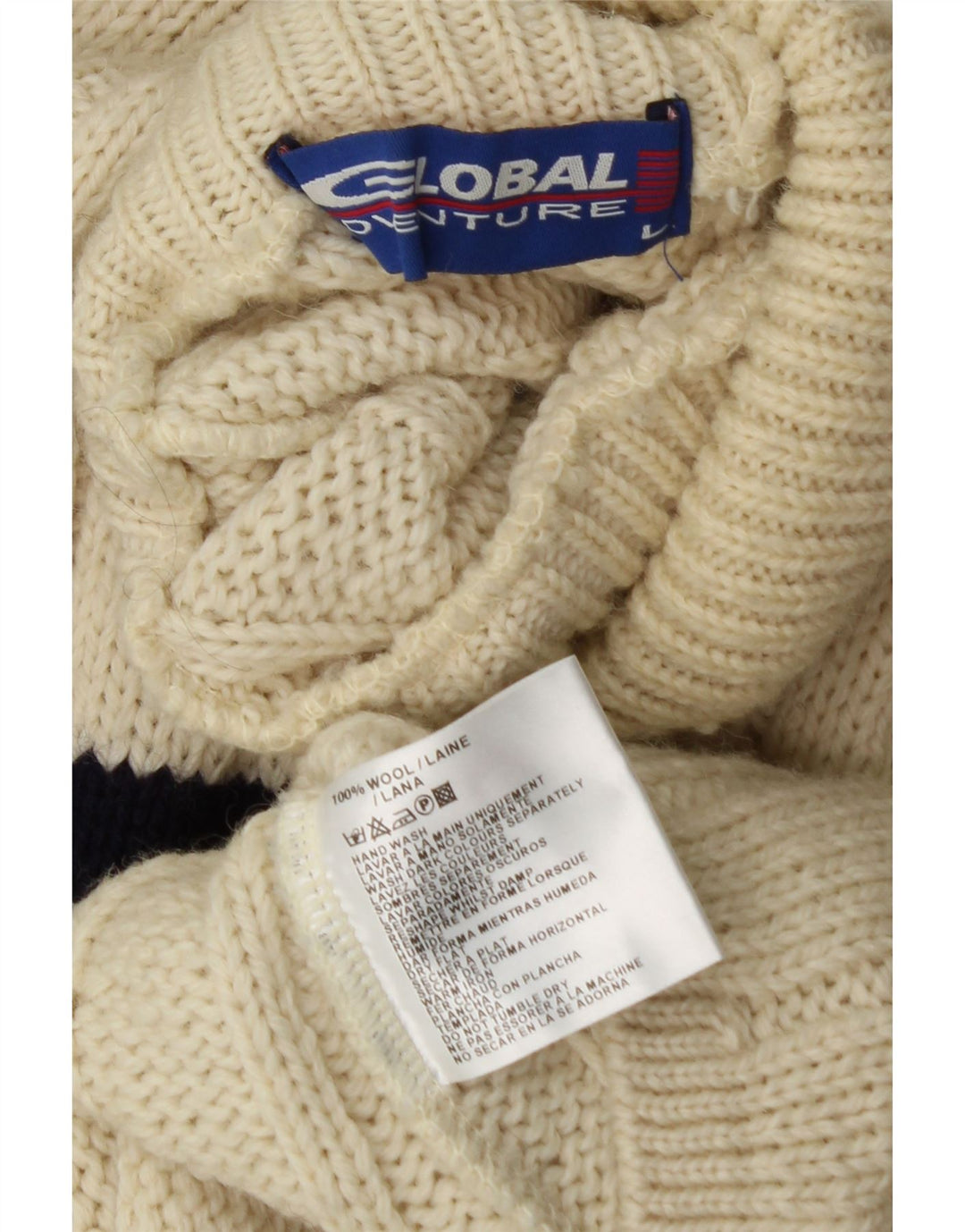 VINTAGE Maglione da uomo a collo alto con collo alto in lana a righe bianco sporco