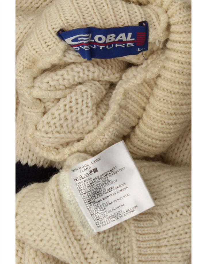 VINTAGE Maglione da uomo a collo alto con collo alto in lana a righe bianco sporco