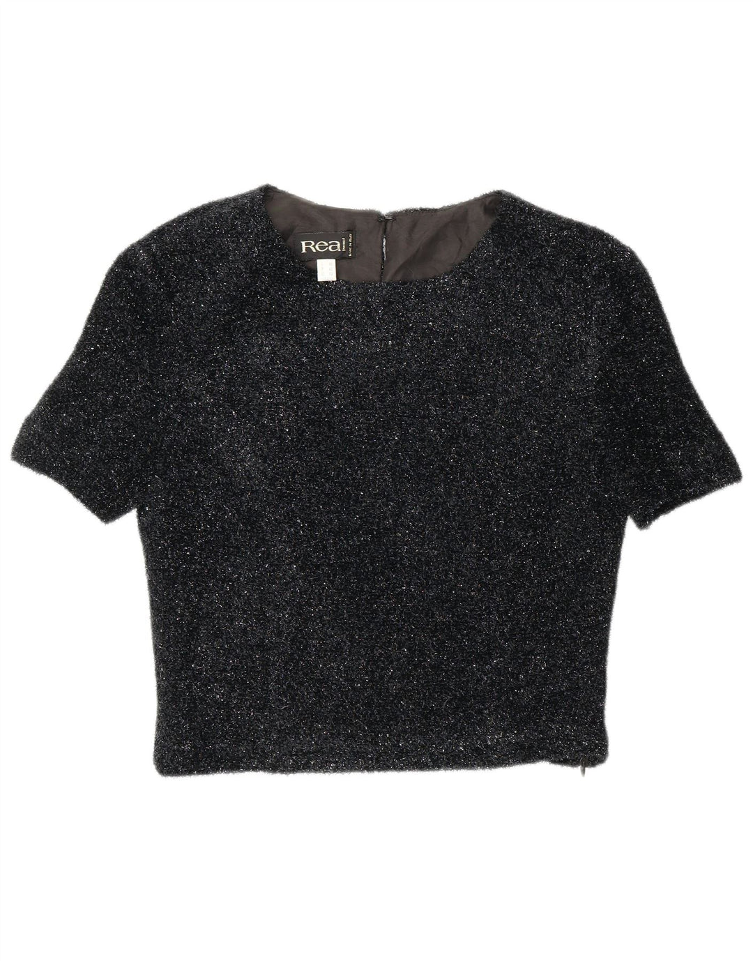 Top corto da donna vintage in camicetta EU 42 grande poliestere chiazzato nero