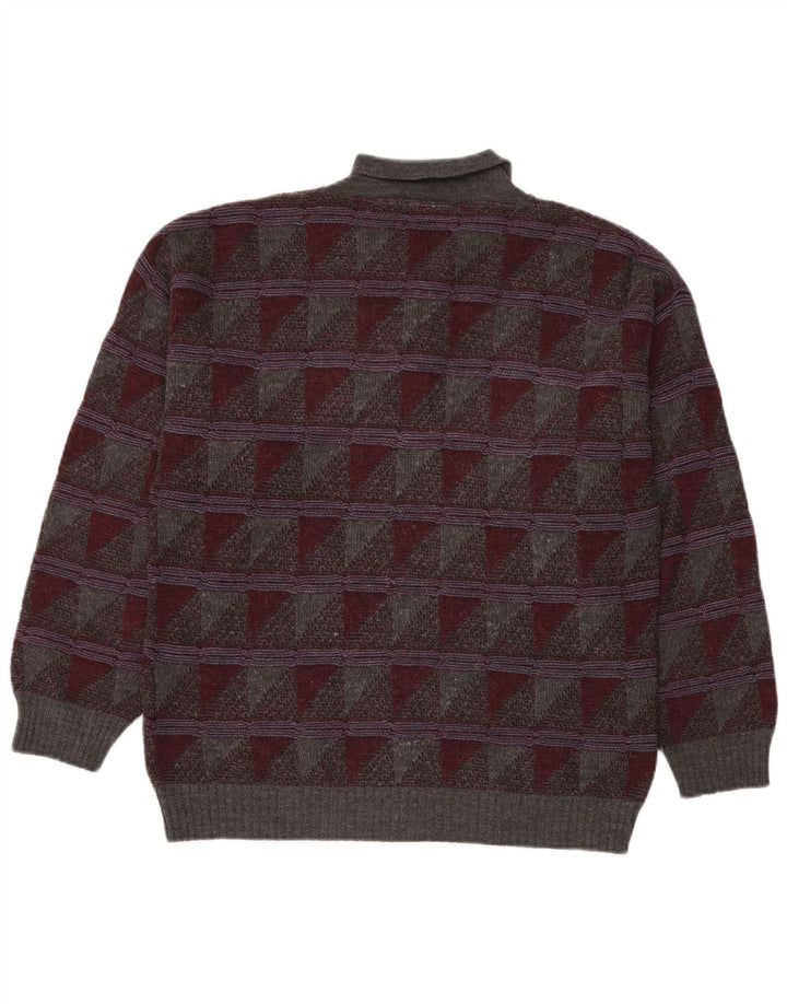 Maglione vintage da uomo con collo a polo, grande lana geometrica grigia