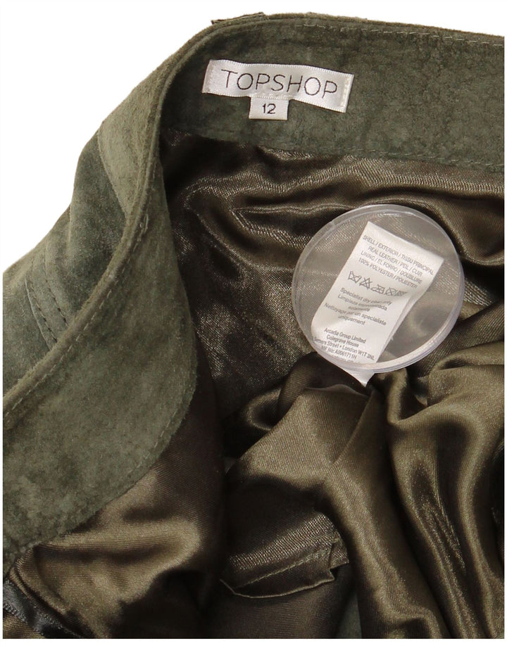 TOPSHOP Gonna in pelle scamosciata da donna UK 12 media W32 in pelle kaki