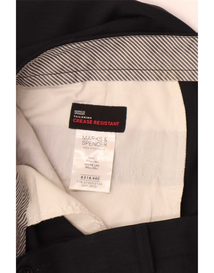Pantaloni da abito dritti da uomo Marks & Spencer W38 L33 poliestere blu navy