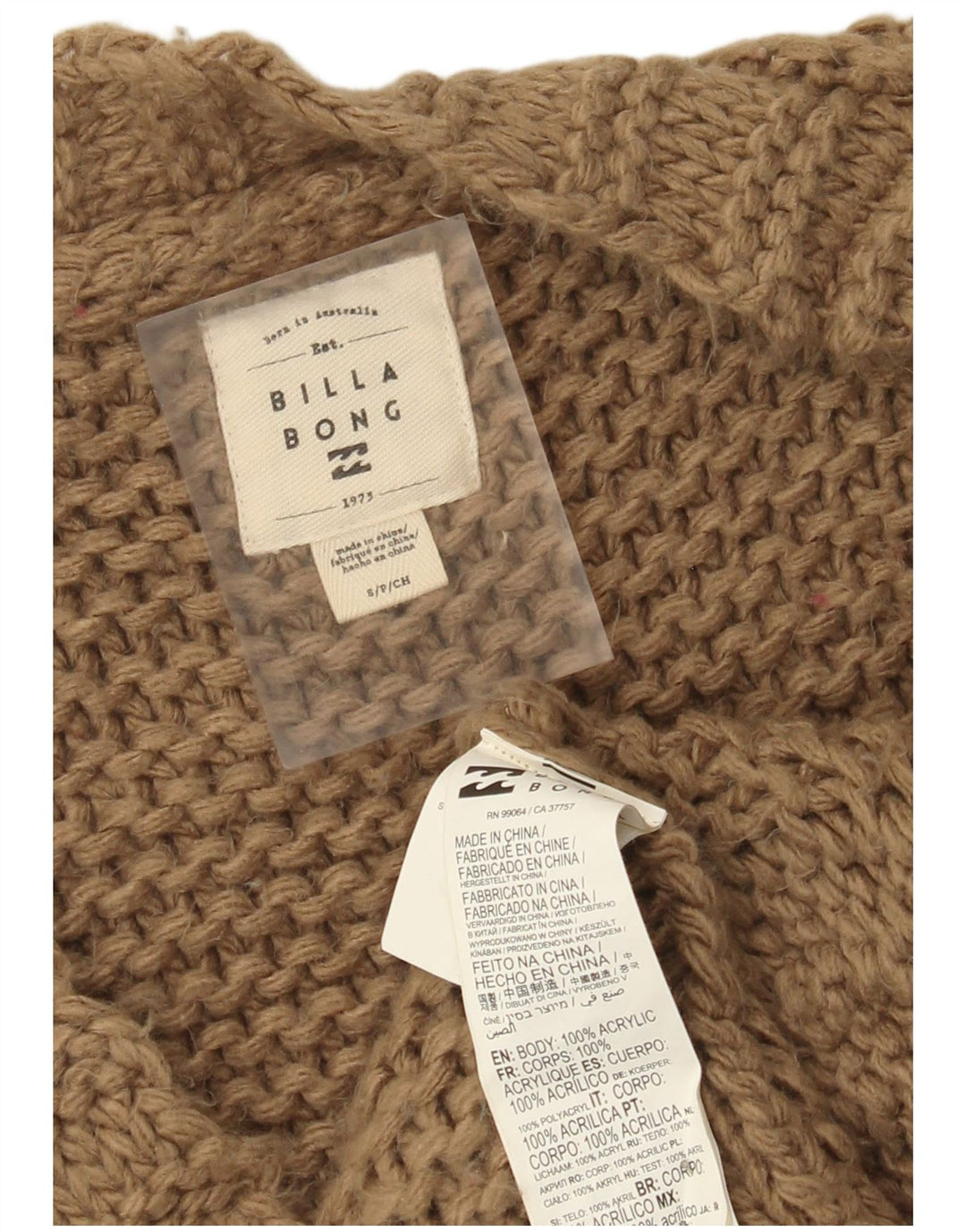 Maglione cardigan aperto oversize da donna Billabong UK 10 piccolo acrilico marrone