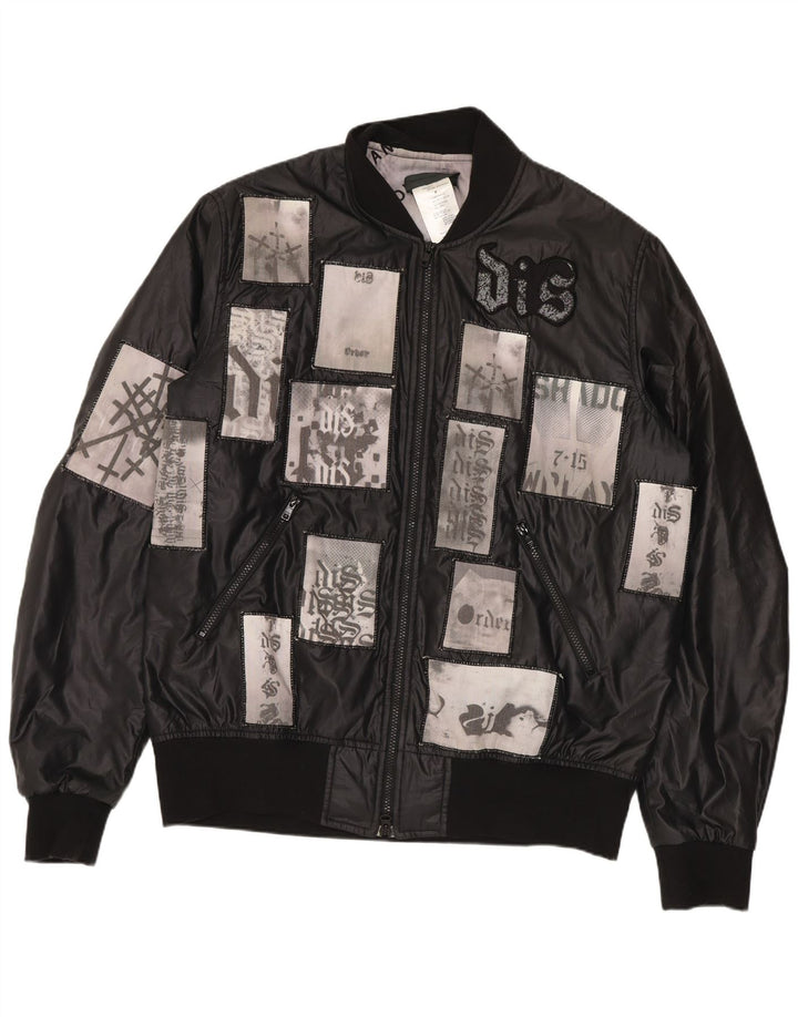 Giacca cerata grafica bomber da uomo vintage UK 38 Patchwork nero medio