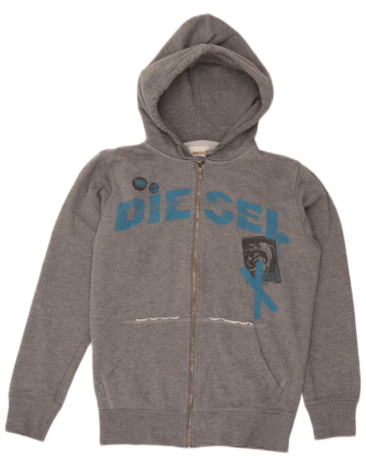 DIESEL Maglione con cappuccio e zip grafica da uomo piccolo in cotone grigio