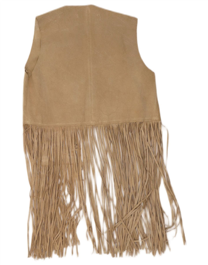 Gilet vintage in pelle scamosciata da donna UK 10 piccolo in pelle beige