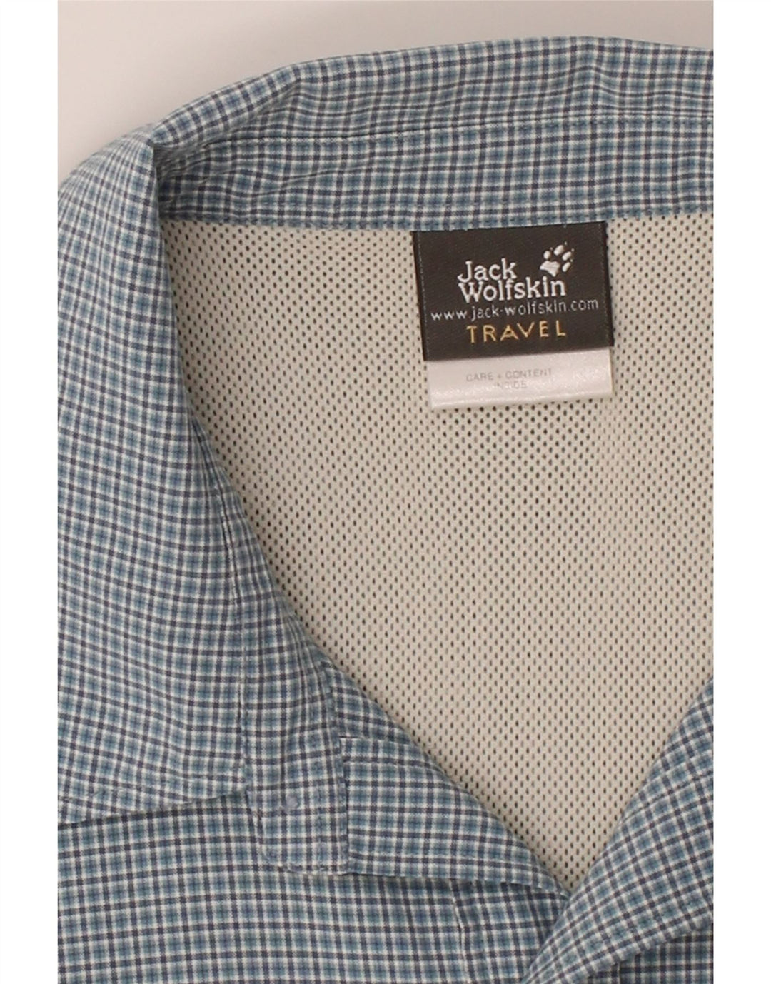 JACK WOLFSKIN Mens Travel Short Sleeve Shirt Large Blue Check Polyester Vintage Jack Wolfskin and Second-Hand Jack Wolfskin from Messina Hembry 