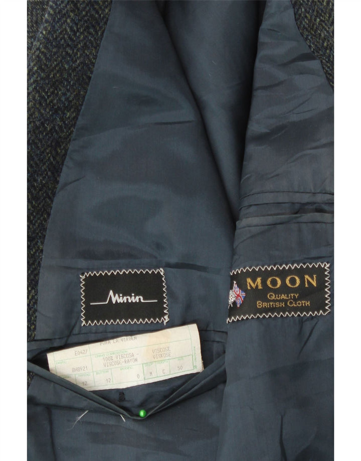 Giacca blazer da uomo a 3 bottoni VINTAGE IT 50 grande blu navy a spina di pesce