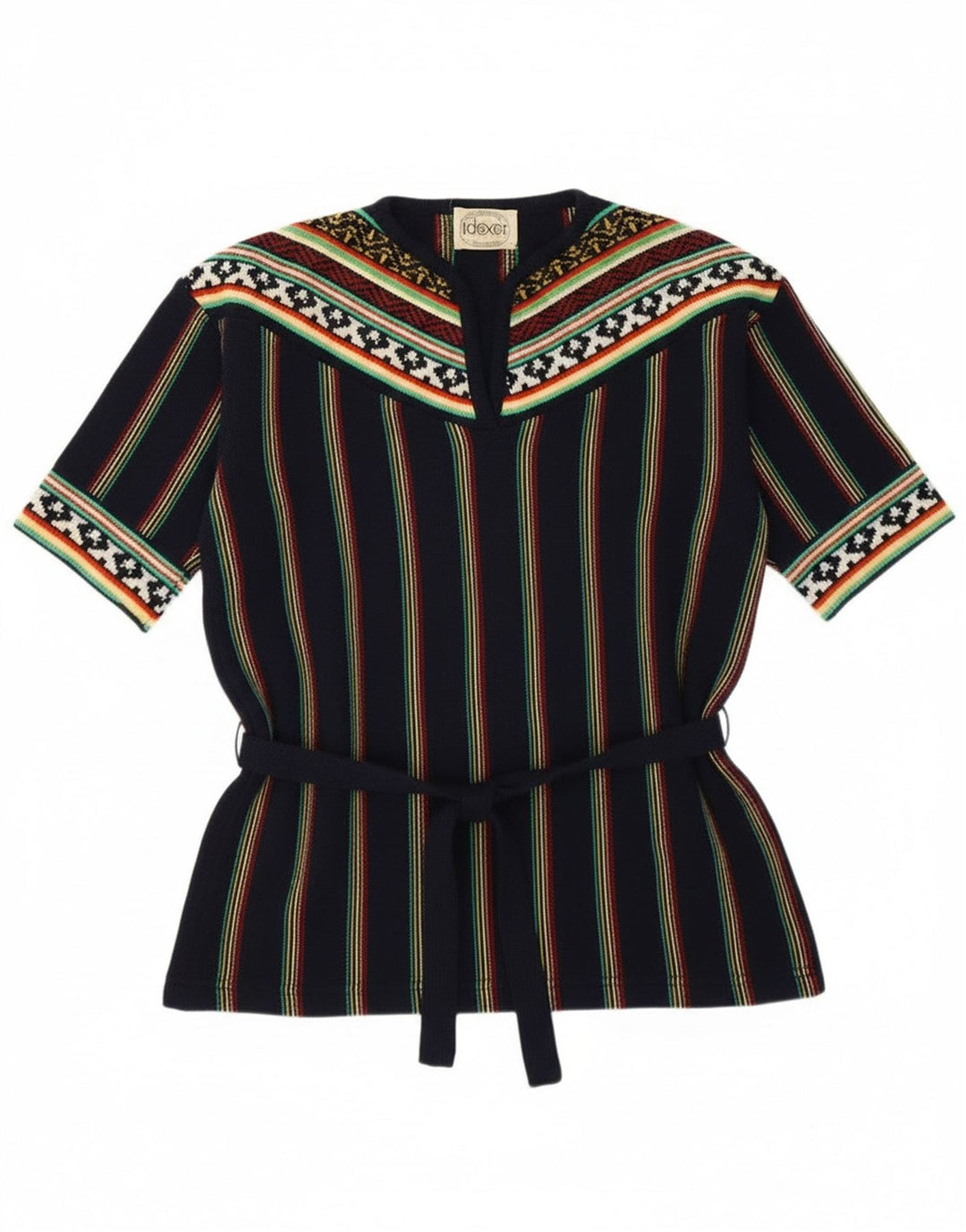 Maglione vintage da donna con scollo a V UK 12 medio blu navy a righe retrò