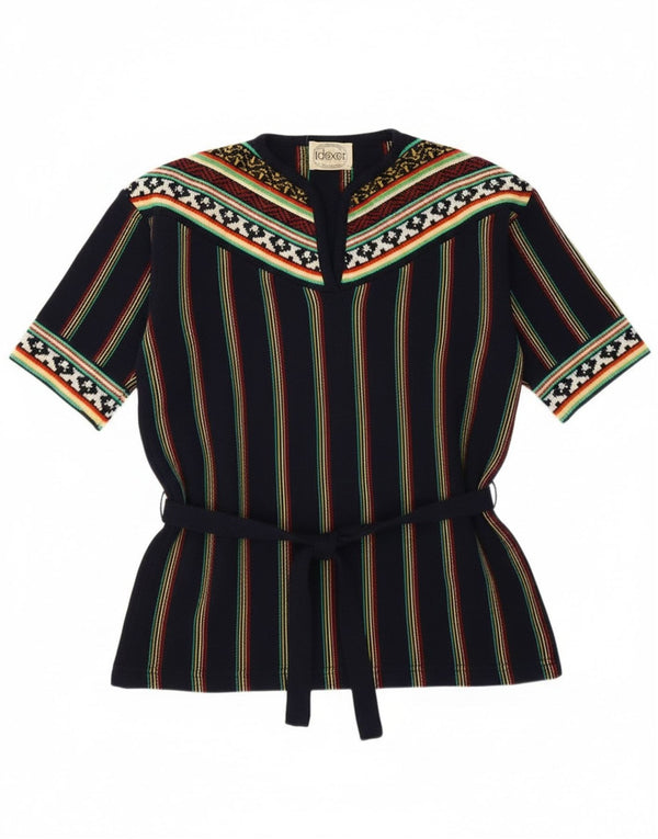 Maglione vintage da donna con scollo a V UK 12 medio blu navy a righe retrò