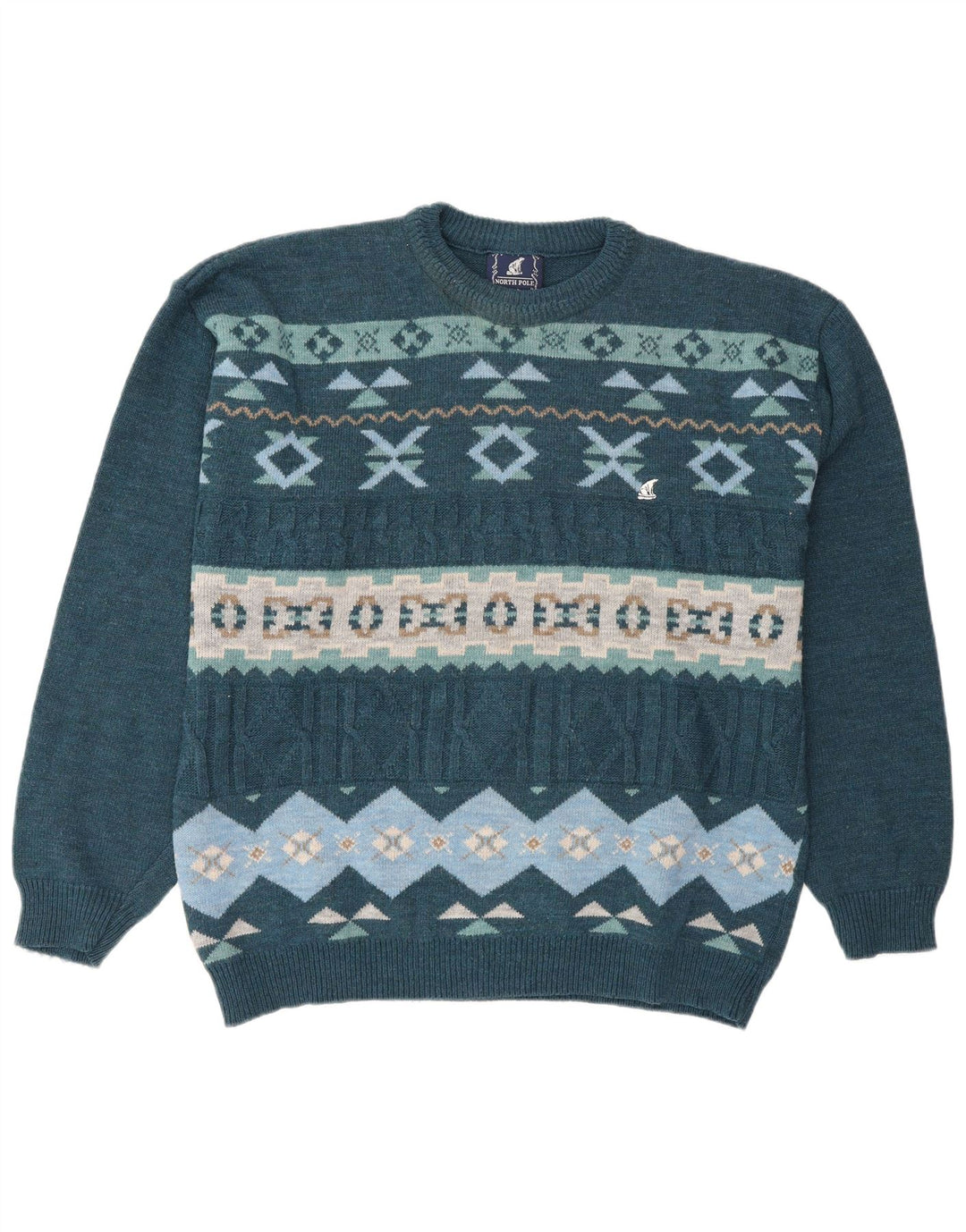 Maglione maglione girocollo da uomo North Pole XL lana Fair Isle blu