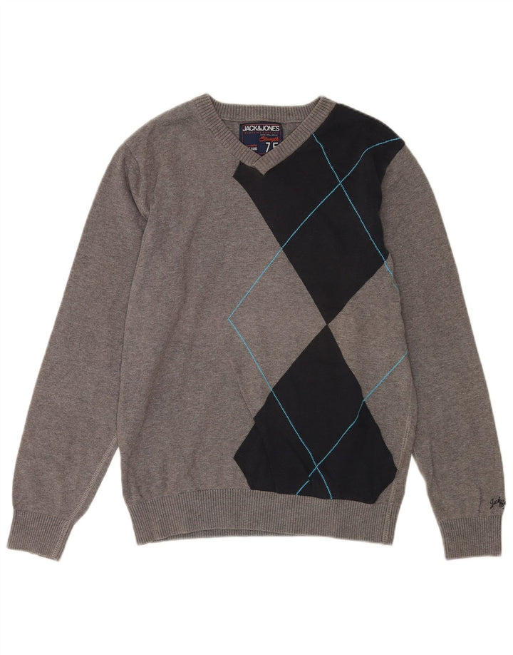 Jack & Jones Maglione da uomo con scollo a V in cotone color block grigio medio