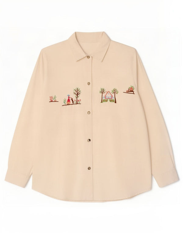 Camicia grafica da donna vintage UK 14 medio bianco sporco