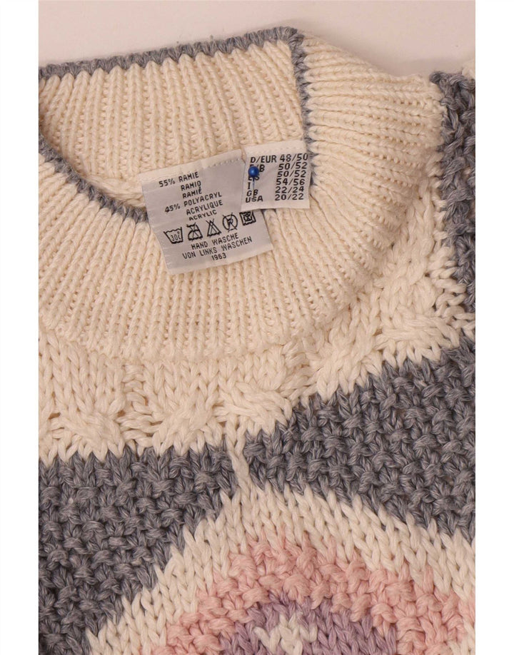 Maglione maglione collo alto da donna vintage UK 22/24 3XL Patchwork bianco sporco