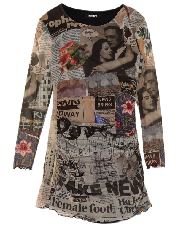 Desigual Abito tunica grafico a maniche lunghe da donna UK 14 grande multicolore
