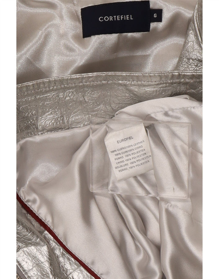 CORTEFIEL Womens Leather Jacket UK 12 Medium Silver Leather