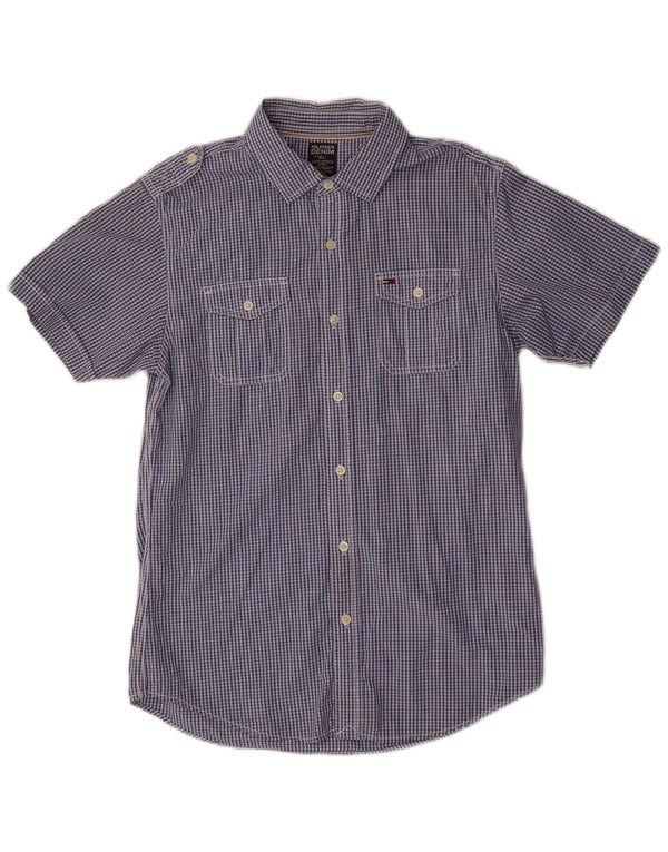 Camicia a maniche corte militare da uomo Tommy Hilfiger piccola in cotone a quadretti blu