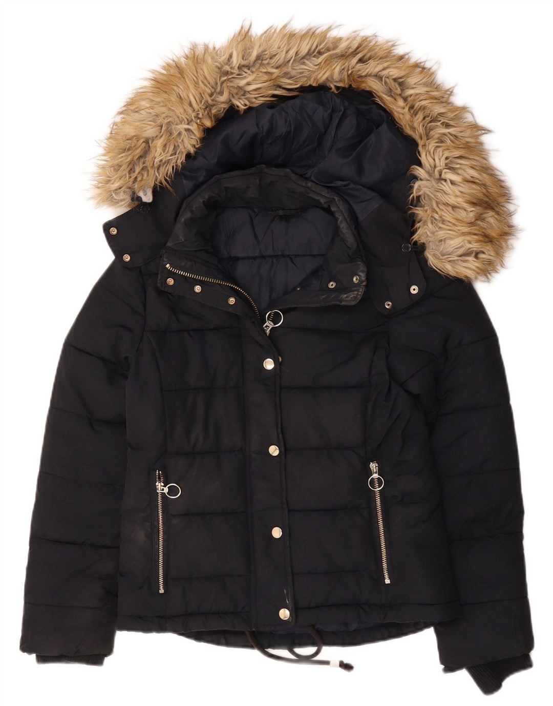 Topshop Giacca imbottita con cappuccio da donna UK 8 Small Poliestere blu navy