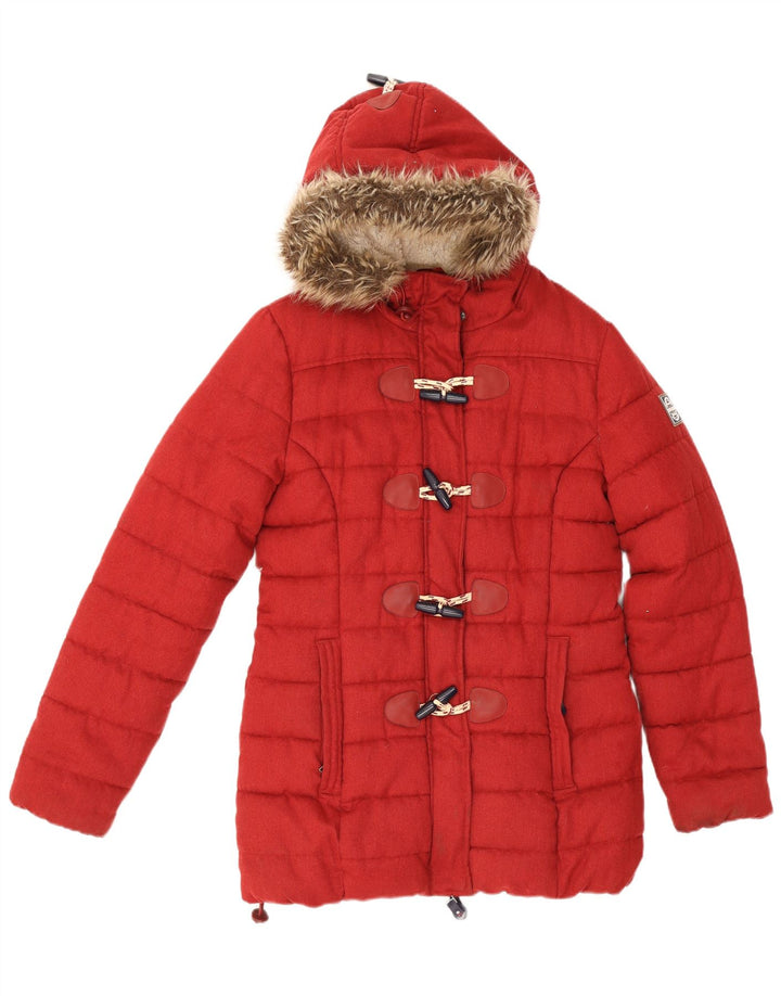 Cappotto imbottito con cappuccio da donna Superdry UK 16 Large Rosso Poliestere