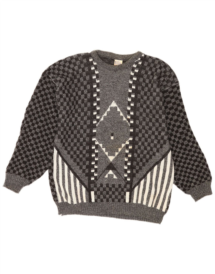 Maglione vintage da uomo con scollo a barca in acrilico geometrico grigio medio