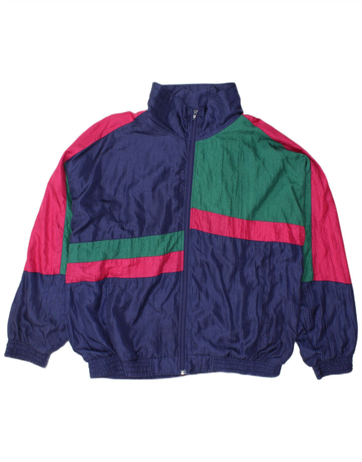 Giacca da ginnastica vintage da uomo, grande, in nylon color block blu navy