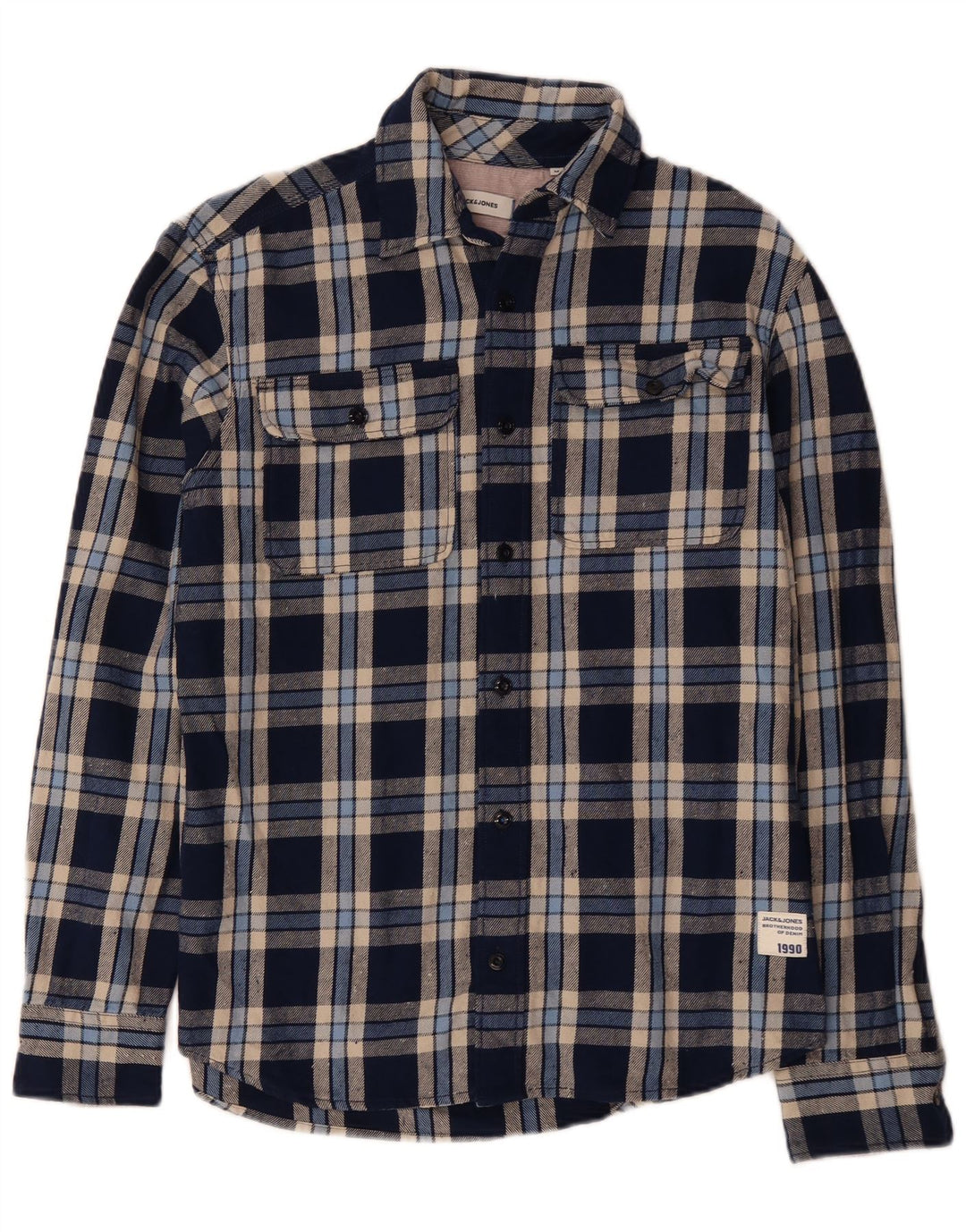 JACK & JONES Camicia da uomo in flanella di cotone a quadri blu navy medio