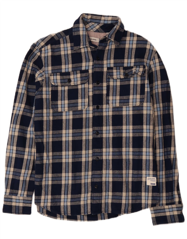 JACK & JONES Camicia da uomo in flanella di cotone a quadri blu navy medio