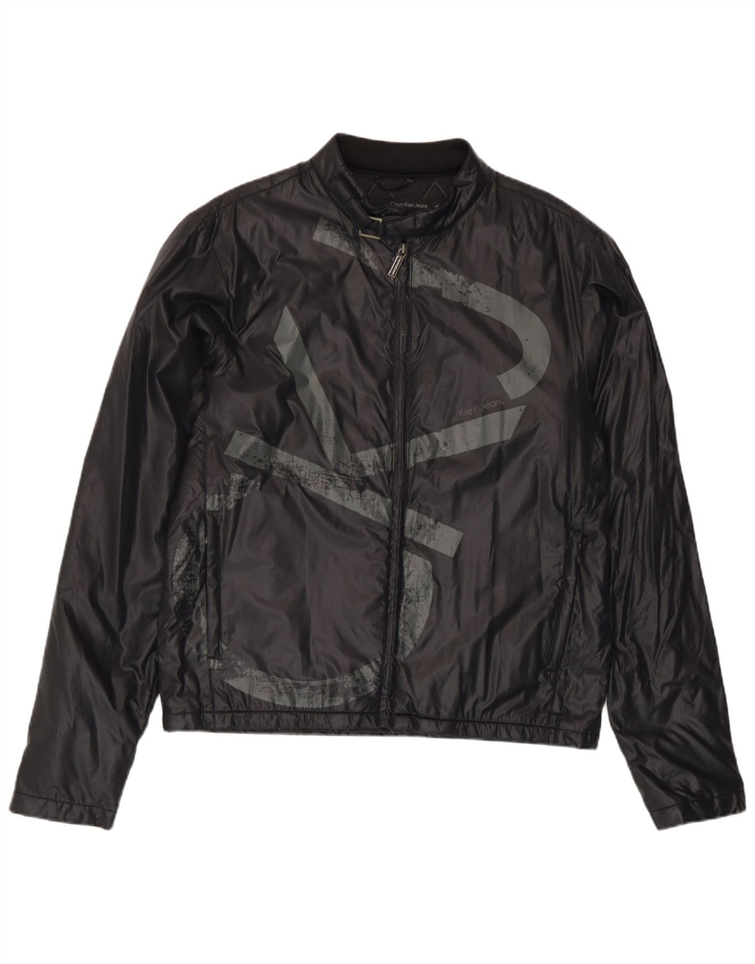 Giacca antipioggia grafica da uomo Calvin Klein Jeans UK 40 Large nera in poliammide