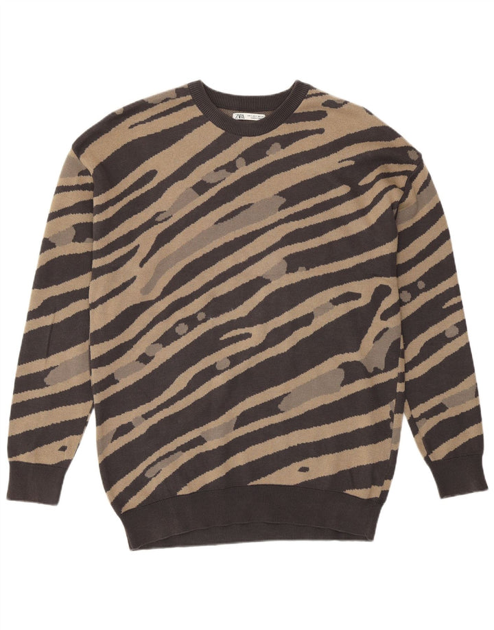 Zara Uomo Felpa Maglione Piccolo Marrone a Righe in Cotone