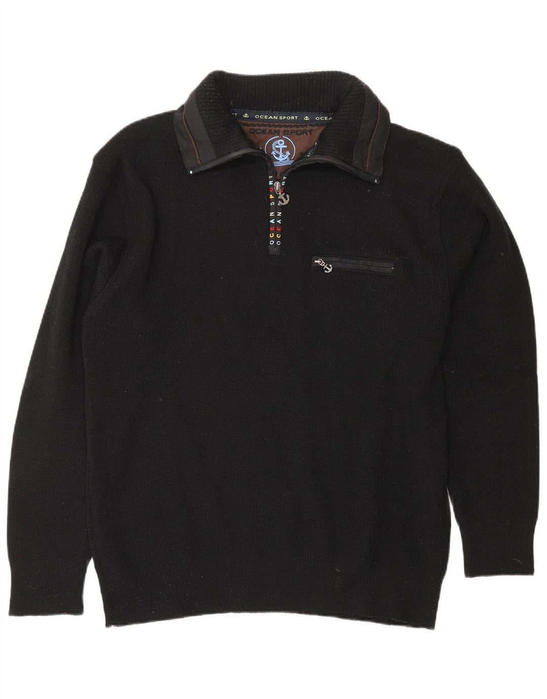 VINTAGE Maglione da uomo con collo con zip grafico Maglione grande acrilico nero nautico