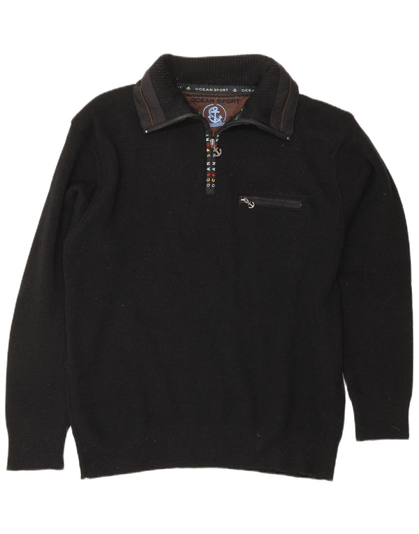 VINTAGE Maglione da uomo con collo con zip grafico Maglione grande acrilico nero nautico