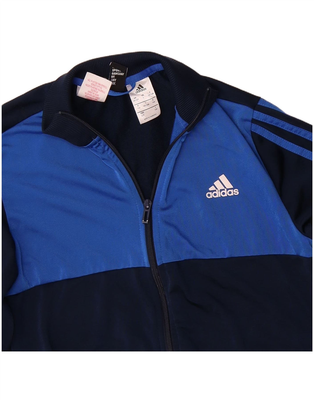 ADIDAS Boys Tracksuit Top Jacket 13-14 Years Navy Blue Colourblock
