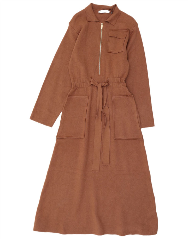 Vestito lungo a maniche lunghe da donna Zara UK 12 Viscosa marrone medio