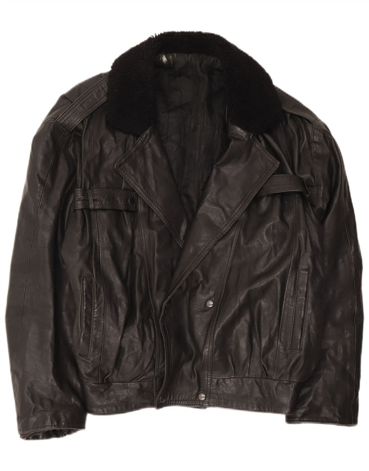 Giacca in pelle doppiopetto vintage da uomo UK 42 XL nera