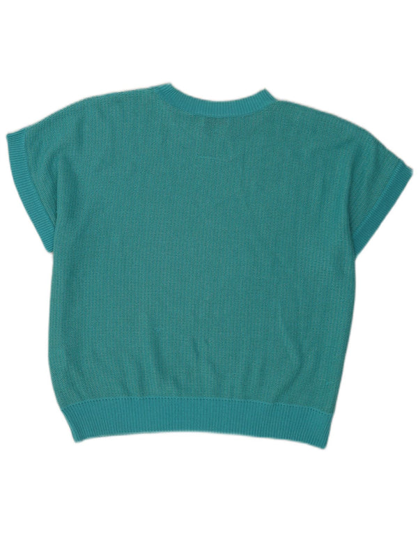 Camicetta vintage da donna in maglia a maniche corte IT 46 Grande turchese geometrico